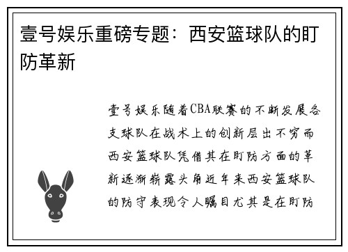 壹号娱乐重磅专题：西安篮球队的盯防革新